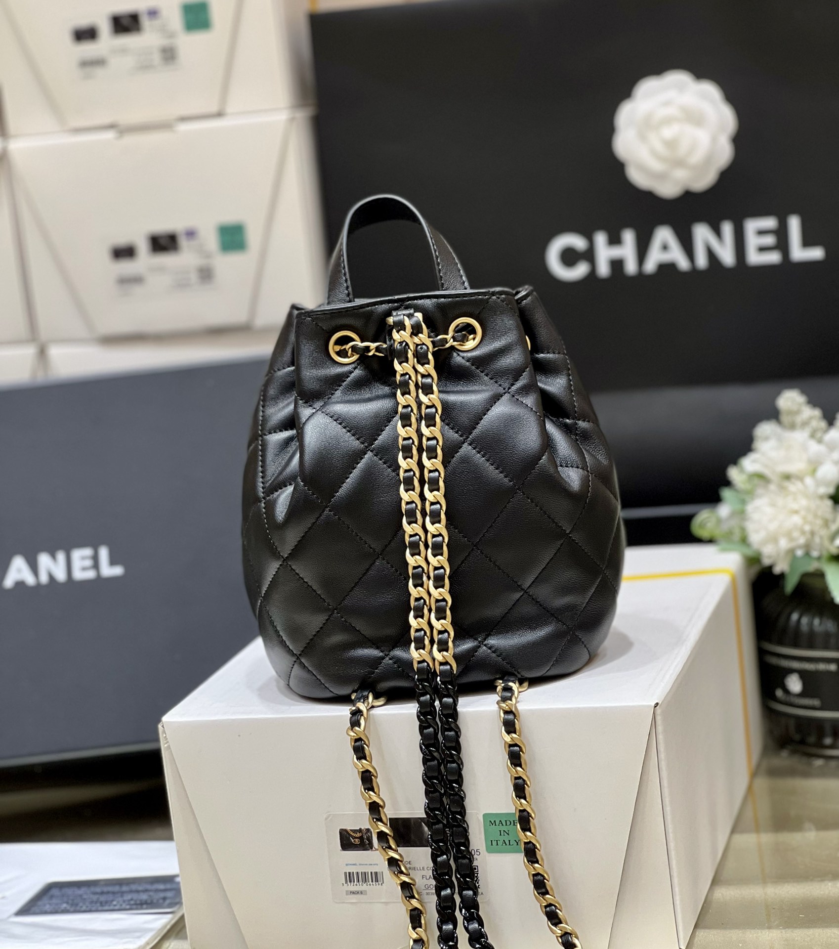 Ch@nel Drawstring Bucket Backpack -16.5*20*11.5CM