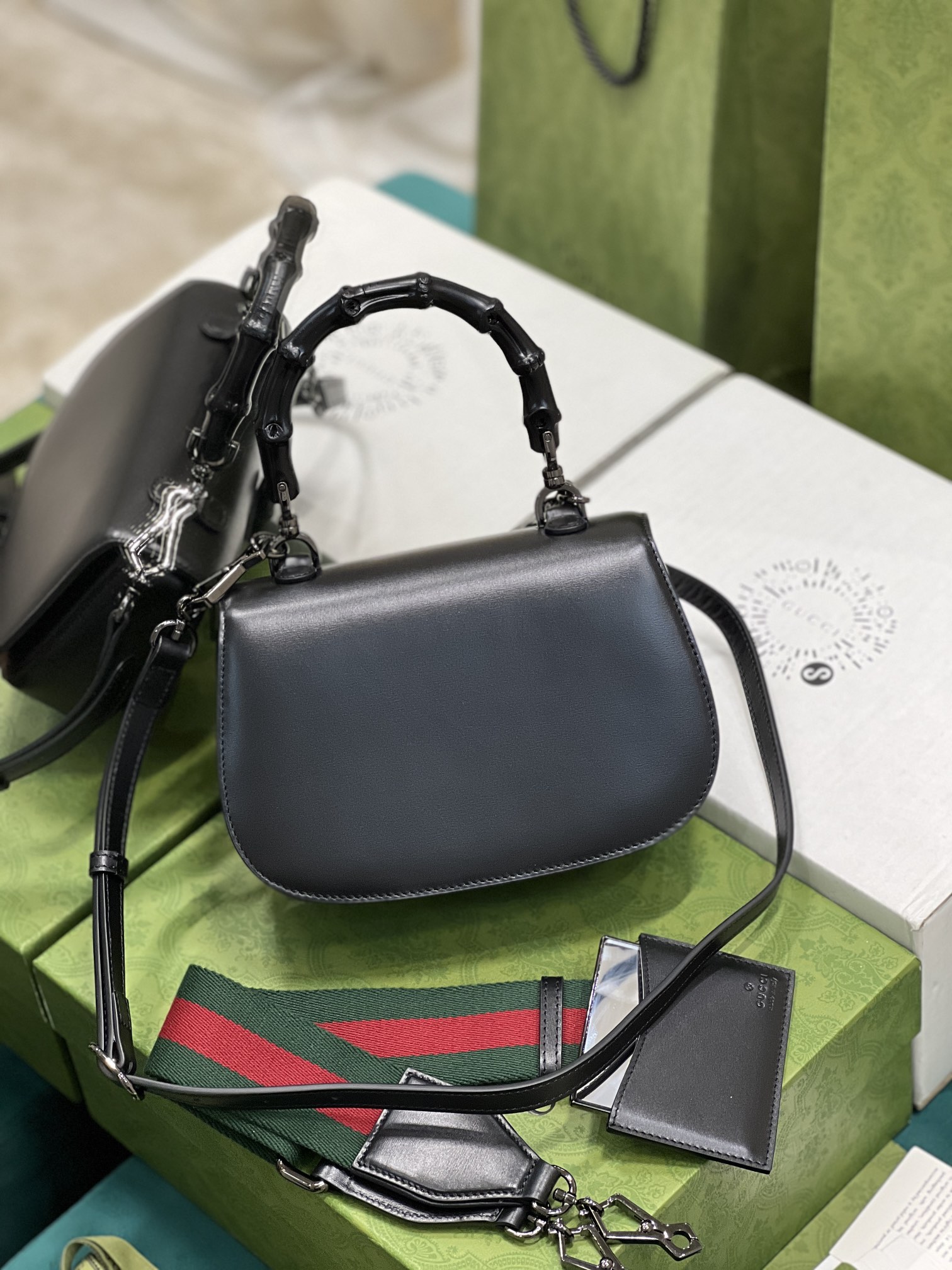 G*u*i top handle bag with bamboo-17*12*7.5&21*15*7cm