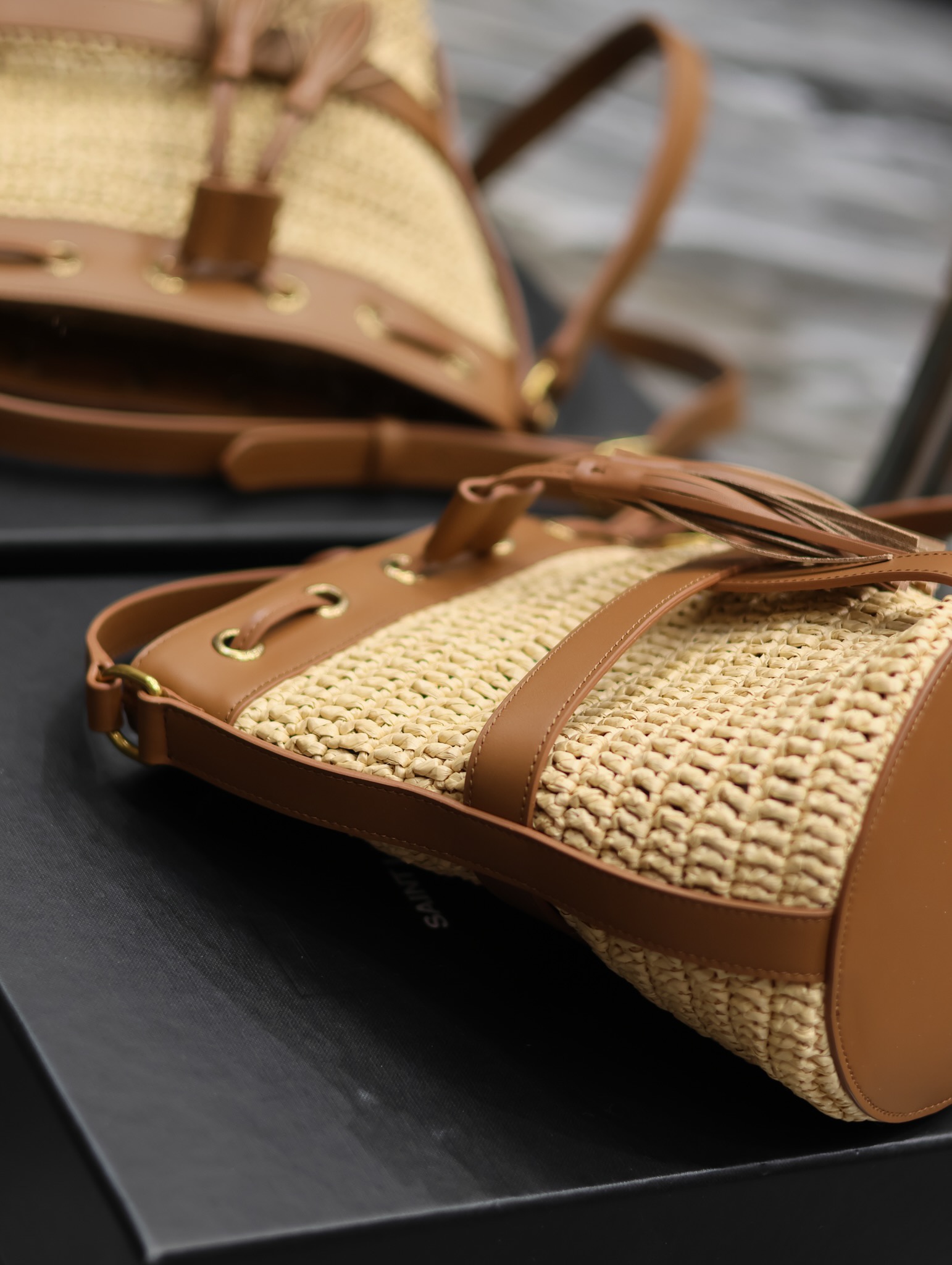 YSL Raffia Straw Craft Bucket Bag-22×15×15CM